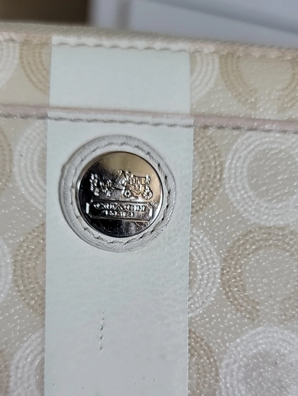 Coach Beige OP Art Signature Zip Wallet with Cream Center Stripe